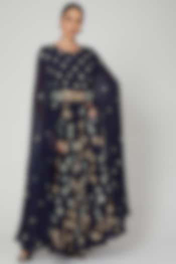 Midnight Blue Embroidered Gown With Cape & Belt by Garo