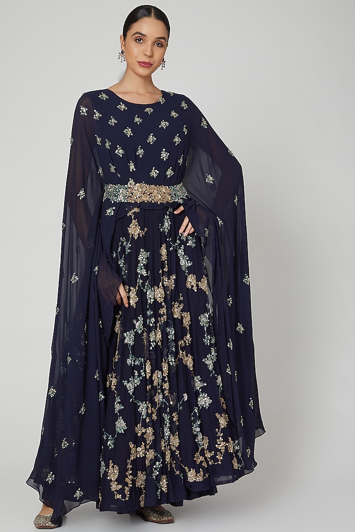 Midnight Blue Embroidered Gown With Cape & Belt by Garo