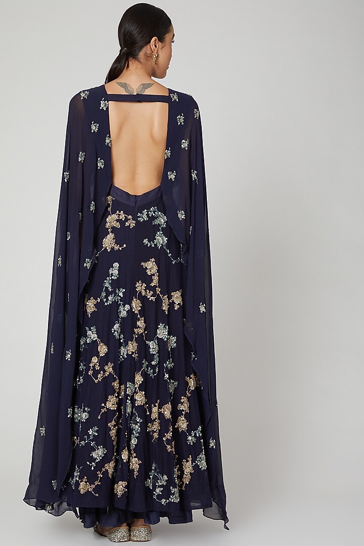 Midnight Blue Embroidered Wedding Gown With Cape & Belt by Garo at Pernia's Pop Up Shop