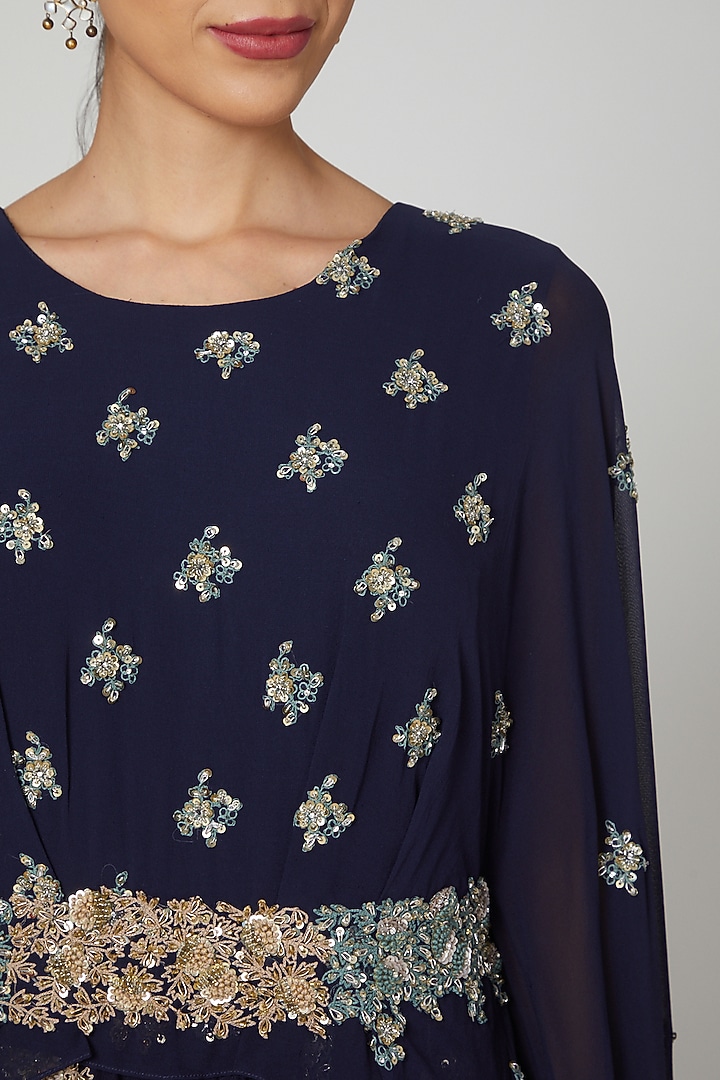 Midnight Blue Embroidered Wedding Gown With Cape & Belt by Garo at Pernia's Pop Up Shop