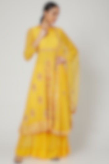 Yellow Embroidered Anarkali Set by Garo