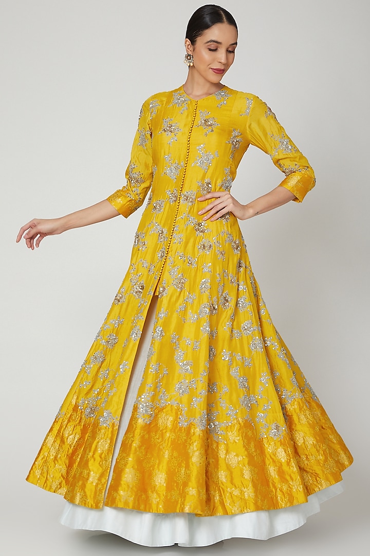 Yellow Sequins Embroidered Anarkali Set by Garo