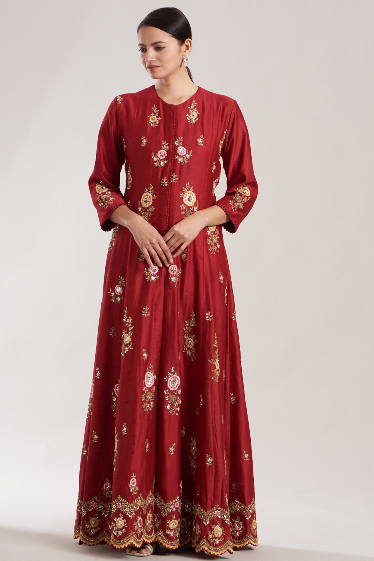 Red Chanderi Kali Jacket Set by Garo at Pernia's Pop Up Shop