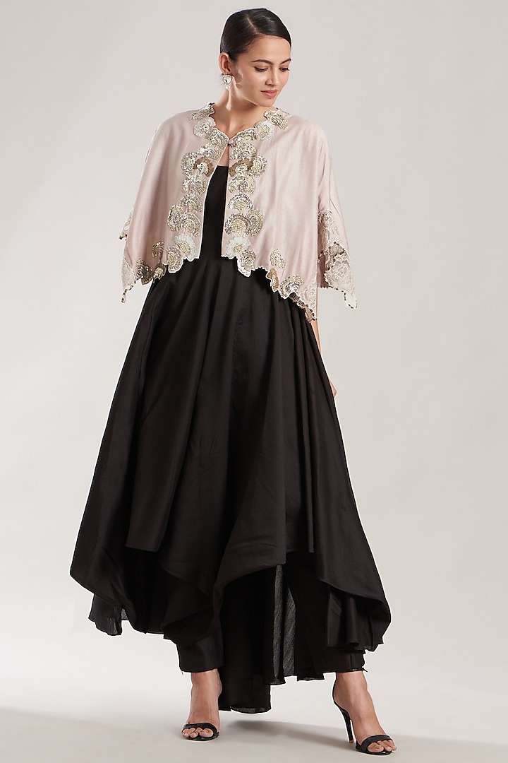 Black Silk Muslin Gown With Cape by Garo