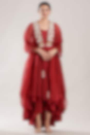 Red Silk Muslin Gown With Cape by Garo