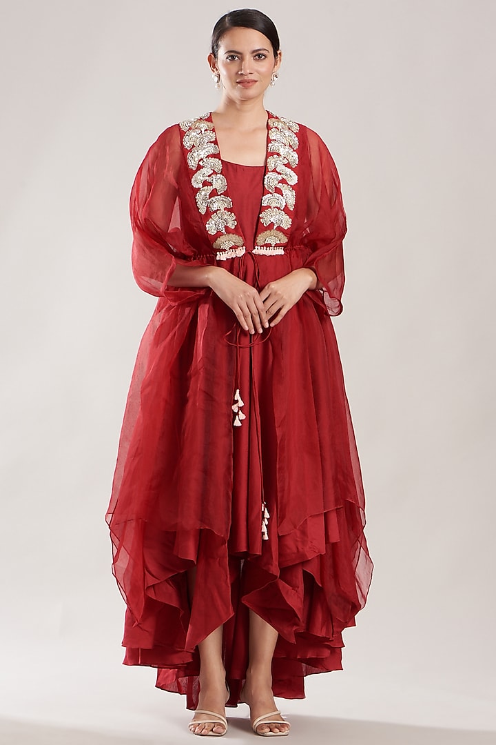 Red Silk Muslin Gown With Cape by Garo