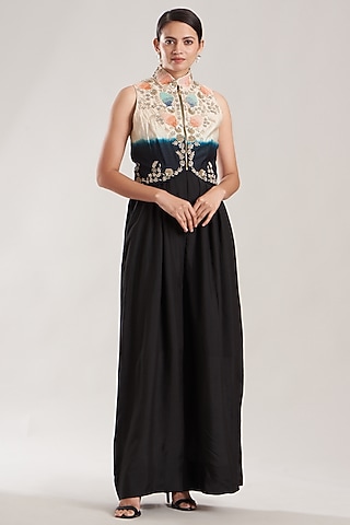 Black Silk Muslin Jumpsuit With Jacket by Garo
