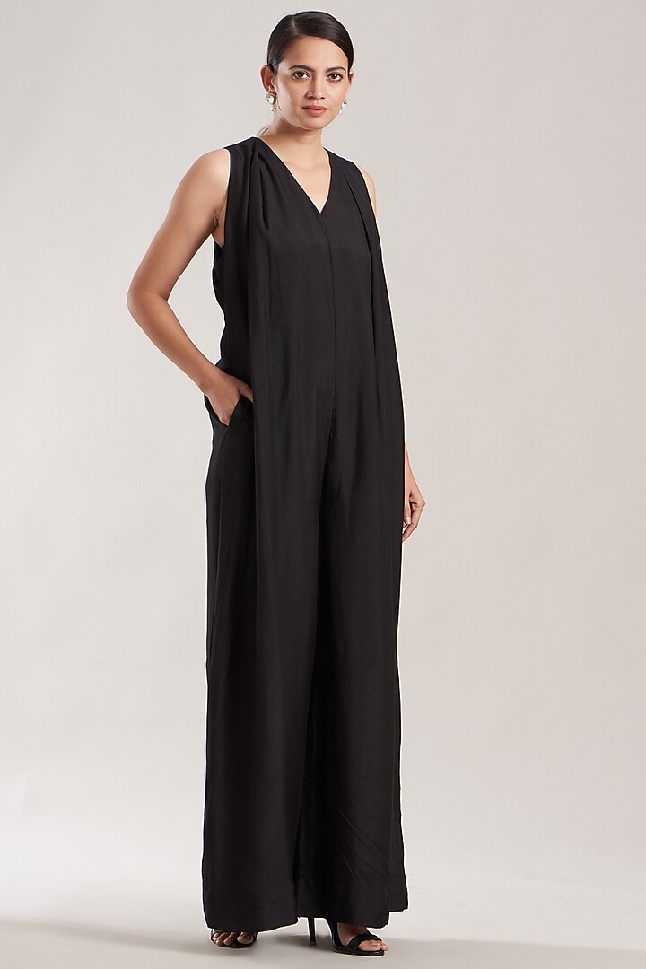 Black Silk Muslin Jumpsuit With Jacket by Garo at Pernia's Pop Up Shop