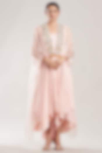 Blush Pink Silk Muslin Gown With Cape by Garo