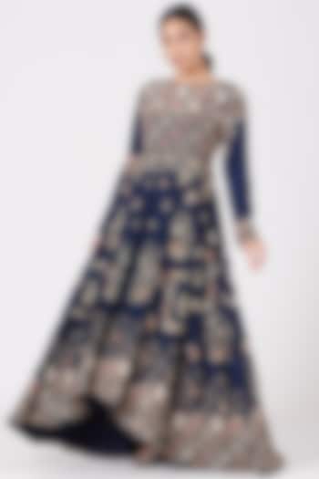 Midnight Blue Embroidered Anarkali Dress by Garo