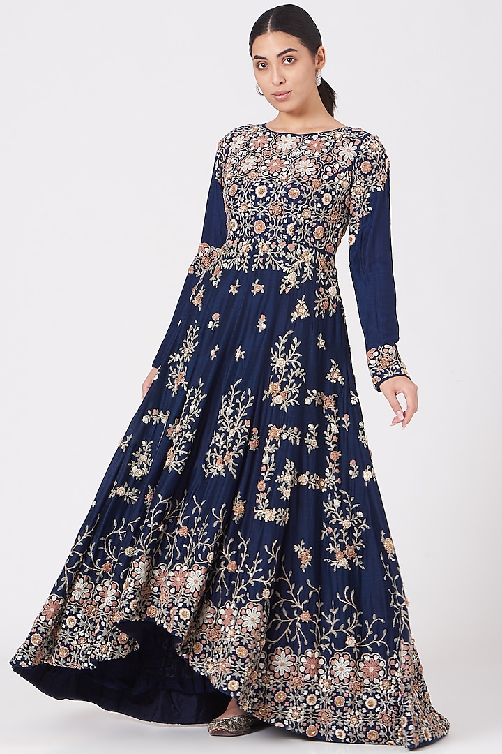 Midnight Blue Embroidered Anarkali Dress by Garo