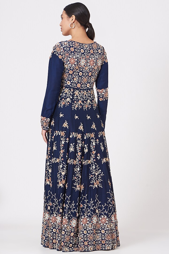 Midnight Blue Embroidered Bridal Anarkali Dress by Garo at Pernia's Pop Up Shop