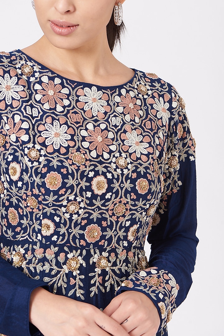 Midnight Blue Embroidered Bridal Anarkali Dress by Garo at Pernia's Pop Up Shop