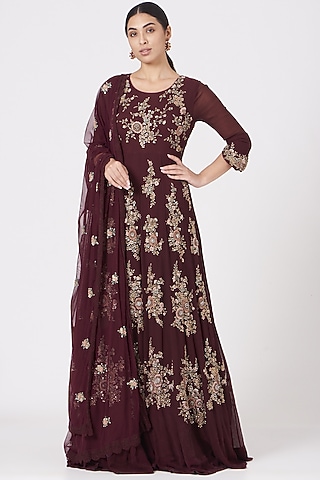 Wine Zardosi Embroidered Anarkali Set by Garo