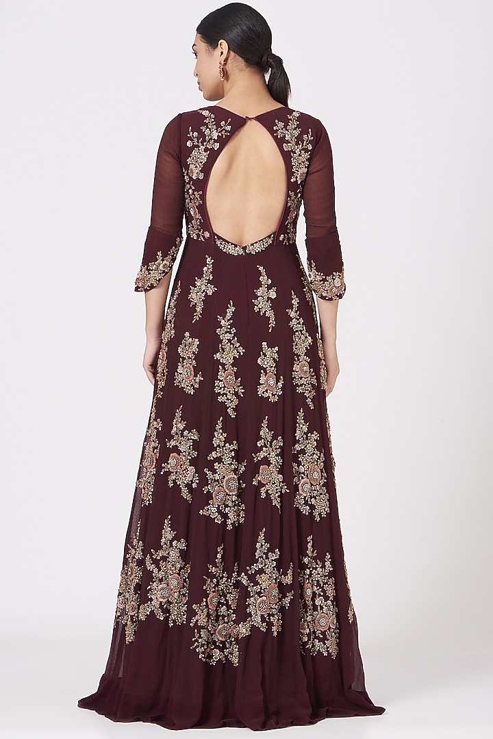 Wine Zardosi Embroidered Bridal Anarkali Set by Garo at Pernia's Pop Up Shop