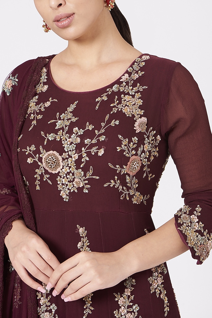 Wine Zardosi Embroidered Bridal Anarkali Set by Garo at Pernia's Pop Up Shop