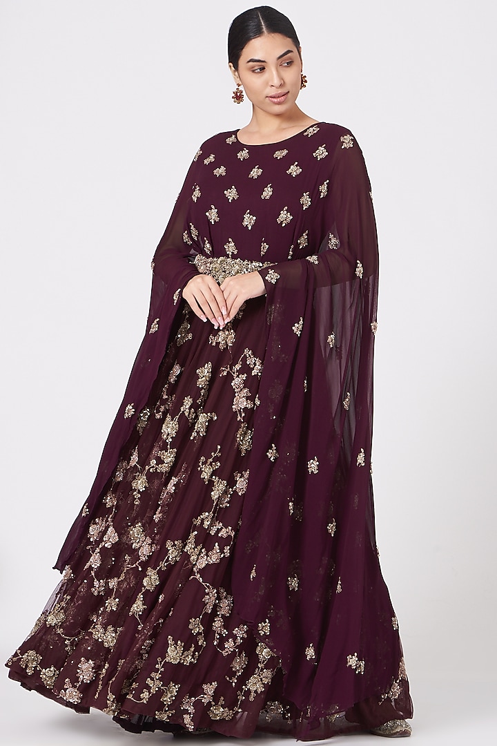 Wine Zardosi Embroidered Gown by Garo