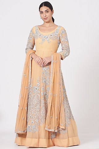 Peach Zardosi Embroidered Kalidar Anarkali Set by Garo