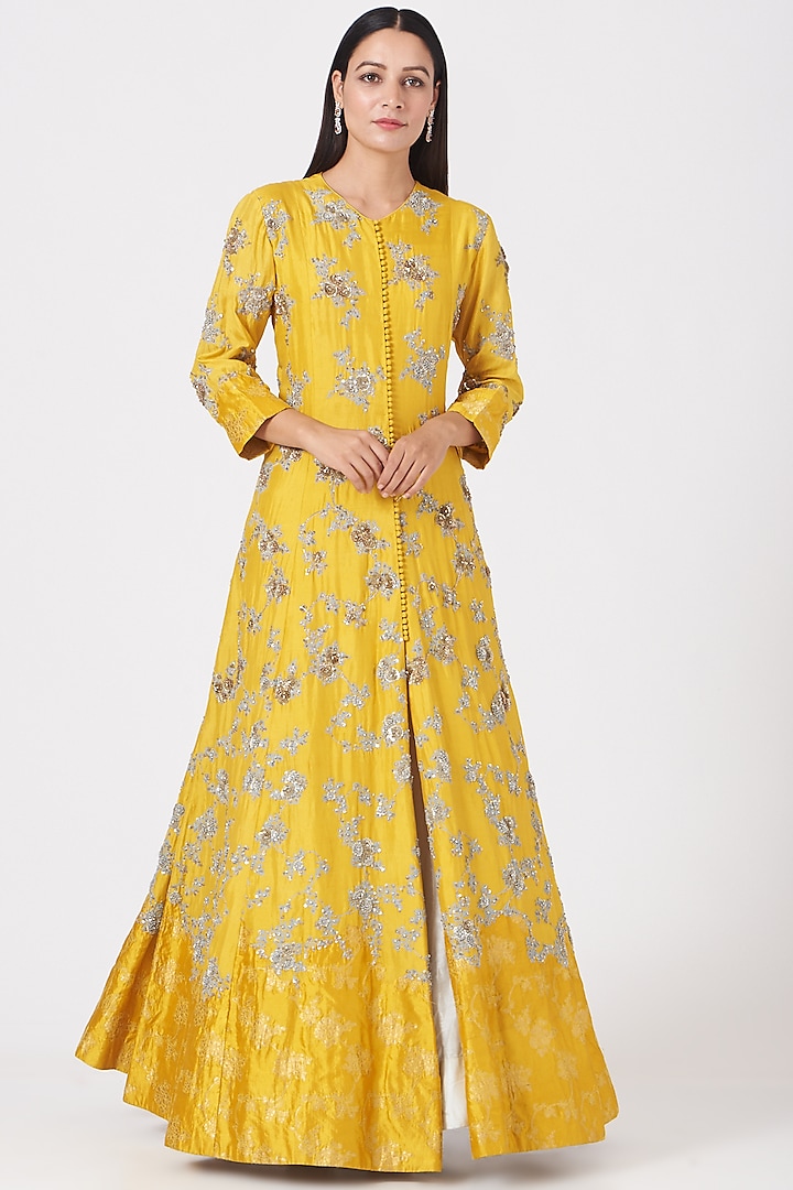 Yellow Embroidered Kalidar Anarkali Set by Garo