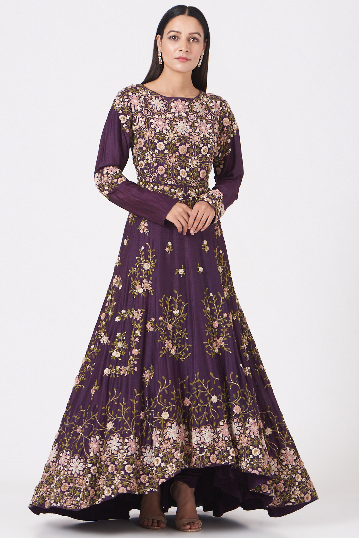 Purple Embroidered Asymmetrical Gown by Garo