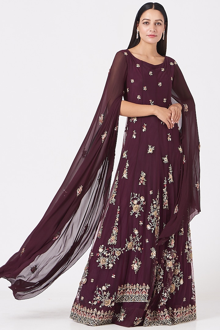 Wine Embroidered Gown by Garo