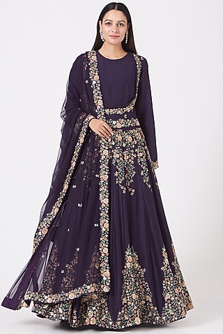 Purple Embroidered Kalidar Kurta Set by Garo