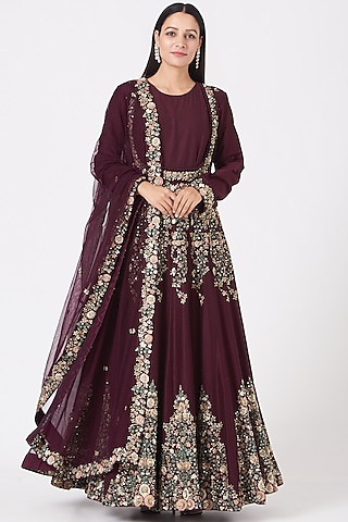 Wine Embroidered Kalidar Kurta Set by Garo