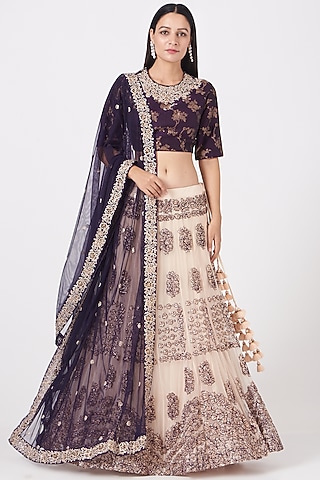 Beige Zardosi Embroidered Lehenga Set by Garo