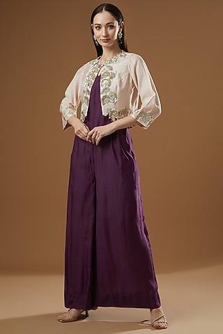 Purple Tussar Silk Jumpsuit by Garo
