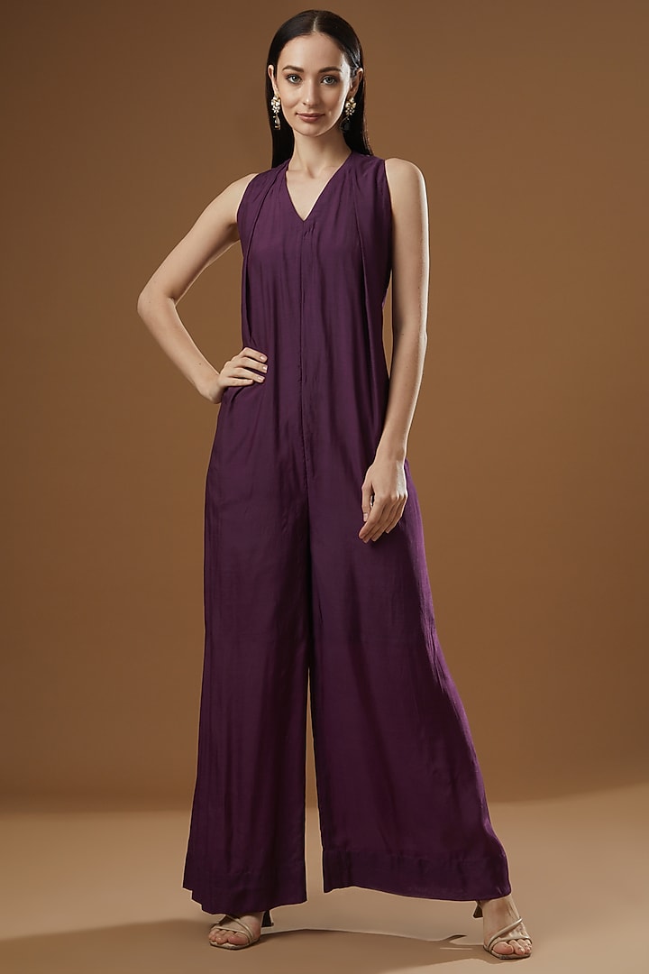 Purple Tussar Silk Jumpsuit by Garo at Pernia's Pop Up Shop