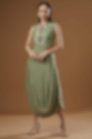 Sage Green Tussar Draped Dress by Garo