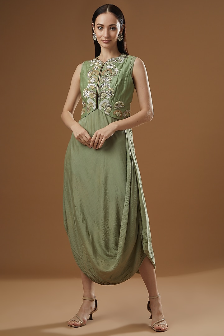 Sage Green Tussar Draped Dress by Garo