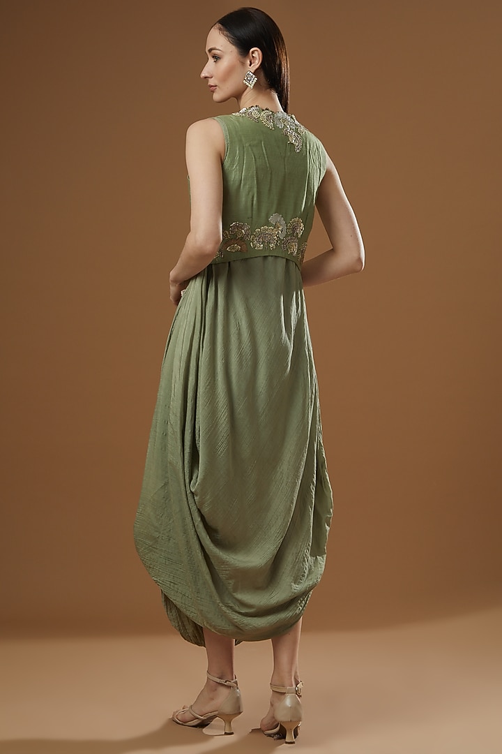 Sage Green Tussar Draped Dress by Garo at Pernia's Pop Up Shop
