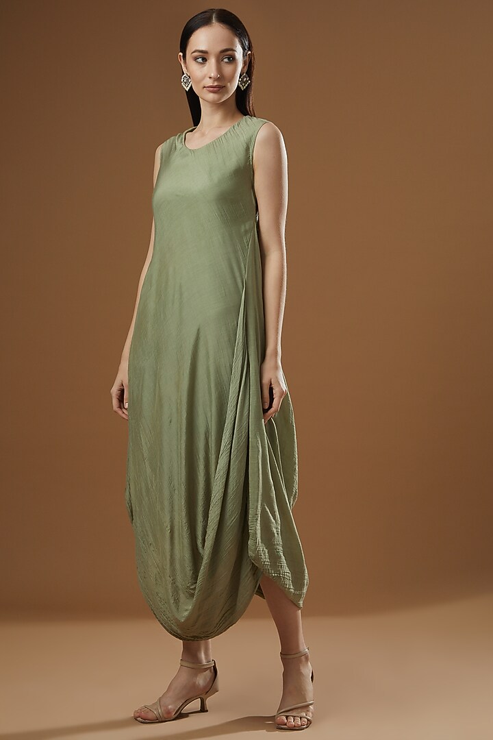 Sage Green Tussar Draped Dress by Garo at Pernia's Pop Up Shop
