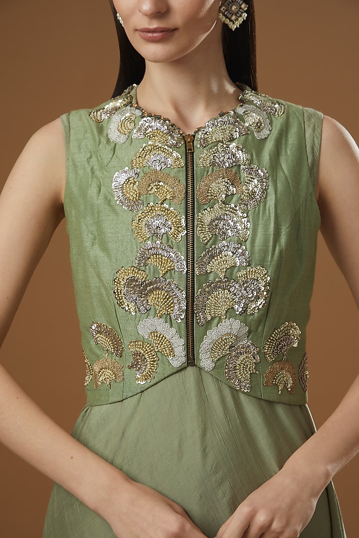 Sage Green Tussar Draped Dress by Garo at Pernia's Pop Up Shop