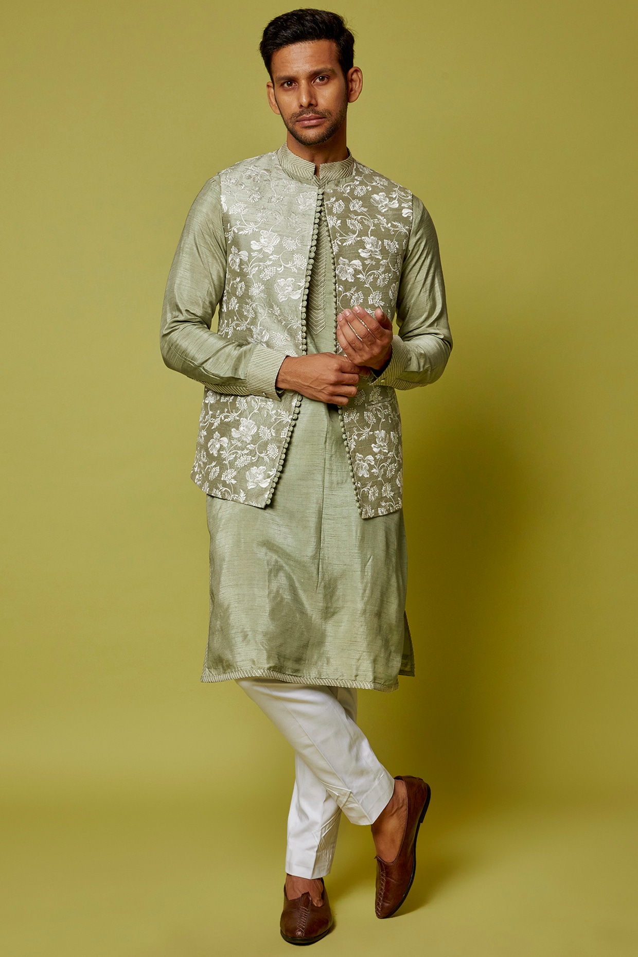 Green Indo Kurta Set with Embroidered Nehru Jacket | Kurta Jacket | Men –  Laromani