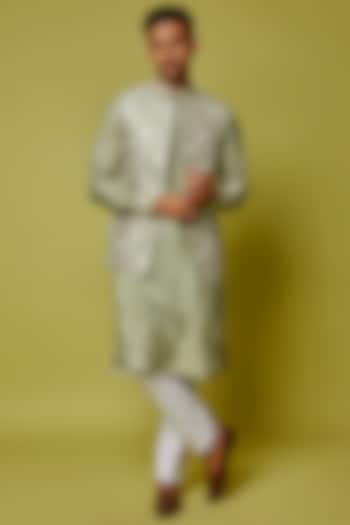 Pista Green Tussar Bemberg Silk Embroidered Nehru Jacket Set by HANEET SINGH at Pernia's Pop Up Shop