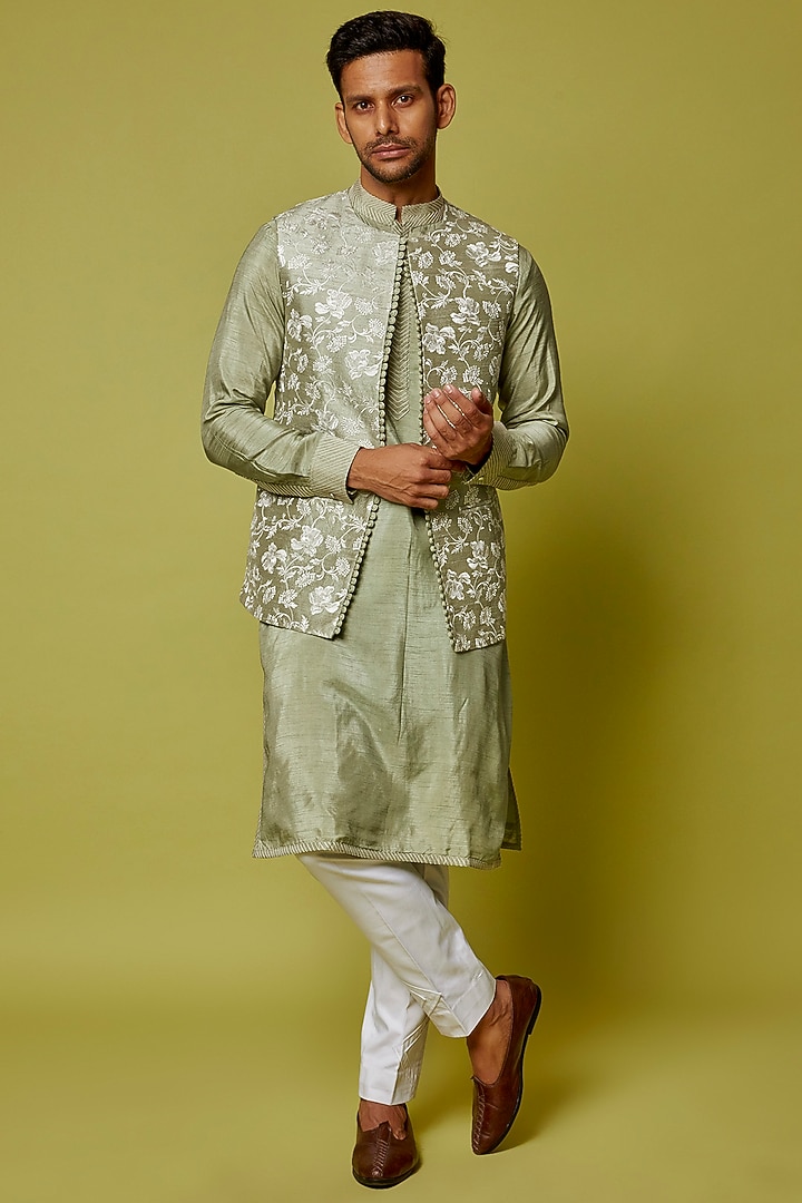 Pista Green Tussar Bemberg Silk Embroidered Nehru Jacket Set by HANEET SINGH at Pernia's Pop Up Shop