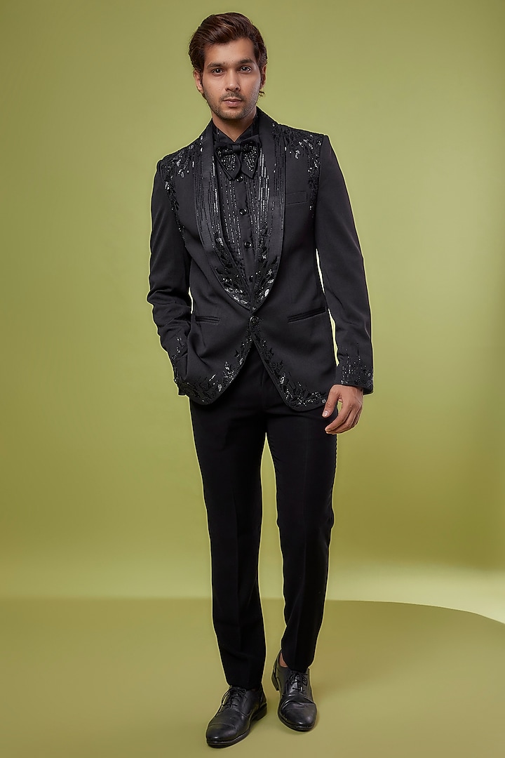 Black Dobby Embroidered Tuxedo Set by HANEET SINGH