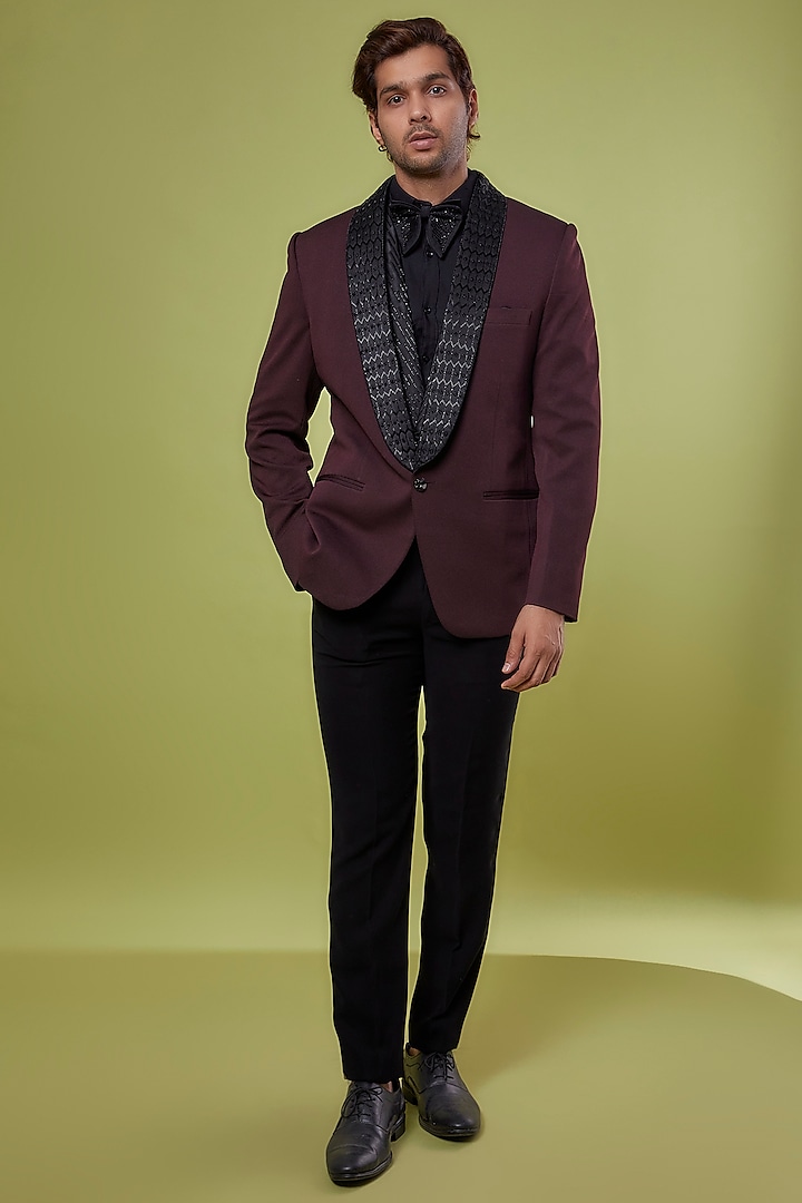 Wine Suiting Embroidered Tuxedo Set by HANEET SINGH
