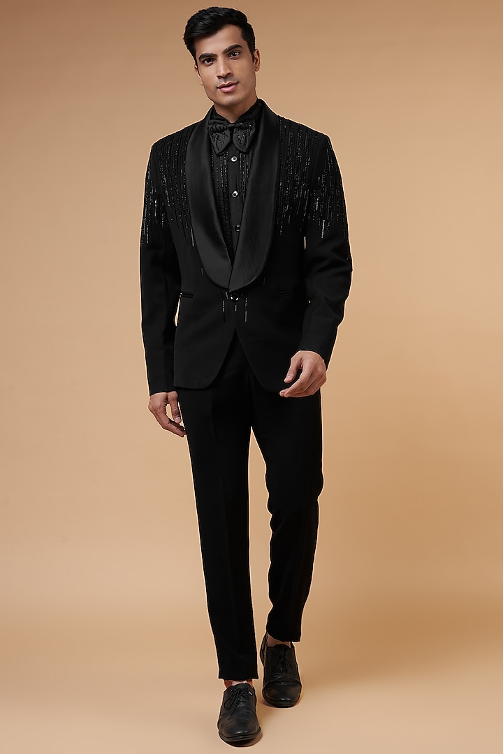 Black Japanese Crepe Embroidered Tuxedo Set by HANEET SINGH