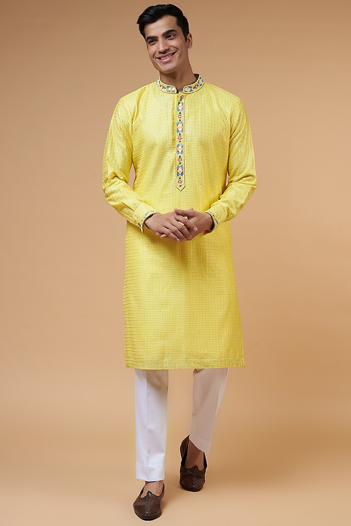 Bright Yellow Pure Chanderi Embroidered Kurta Set by HANEET SINGH
