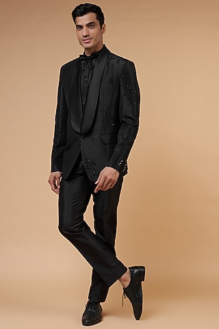 Black Taffeta Silk Embroidered Tuxedo Set by HANEET SINGH