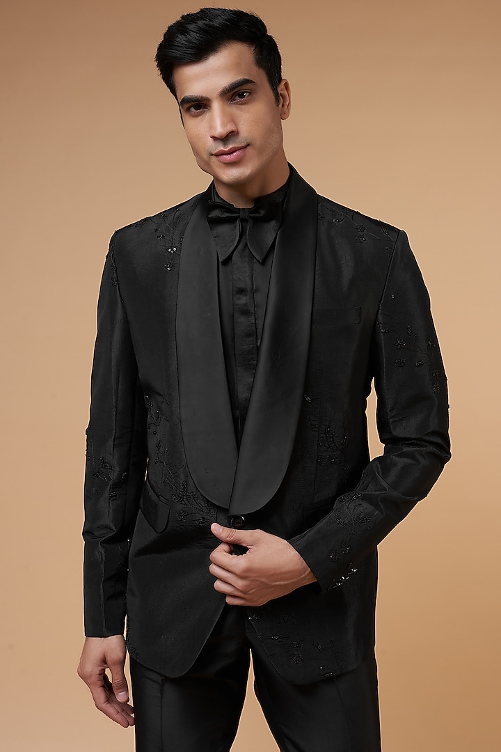 Black Taffeta Silk Embroidered Tuxedo Set by HANEET SINGH