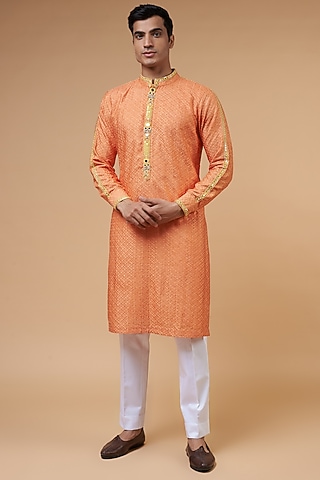 Orange Silk Chanderi Hand Embroidered Kurta Set by HANEET SINGH