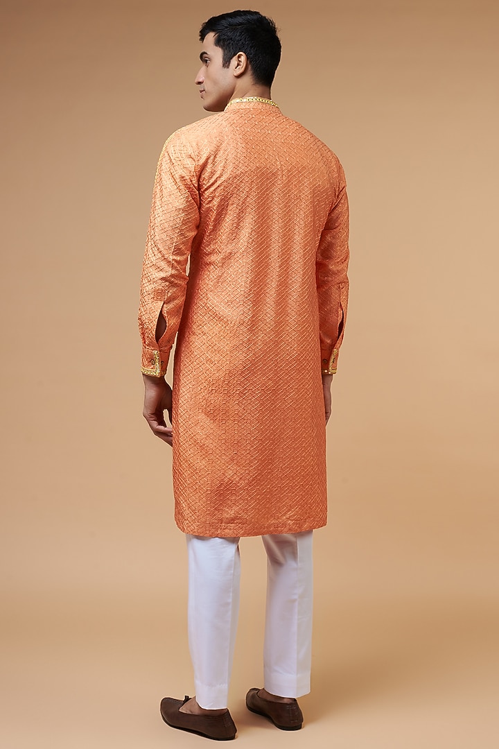 Orange Silk Chanderi Hand Embroidered Kurta Set by HANEET SINGH at Pernia's Pop Up Shop