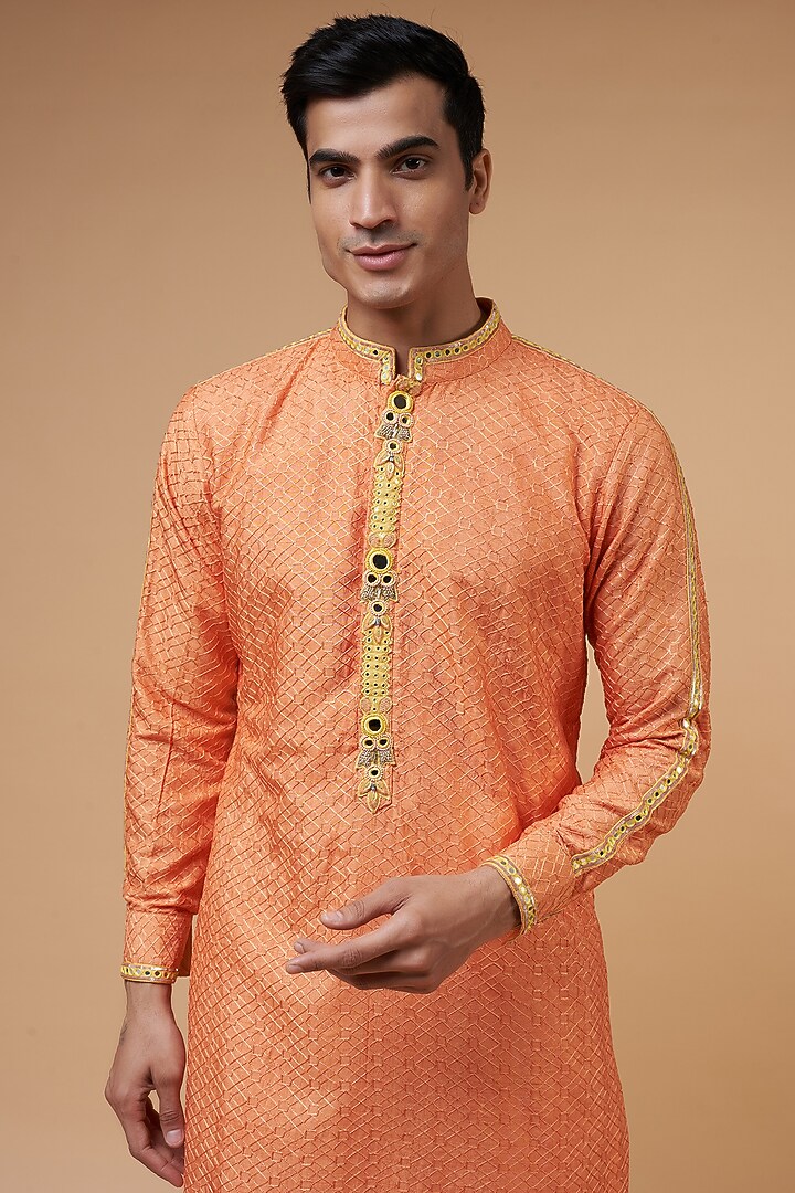 Orange Silk Chanderi Hand Embroidered Kurta Set by HANEET SINGH at Pernia's Pop Up Shop
