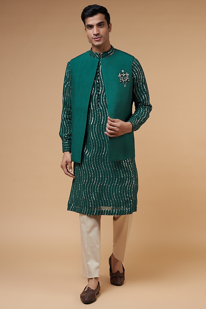 Peacock Green Dupion Silk Bundi Jacket by HANEET SINGH