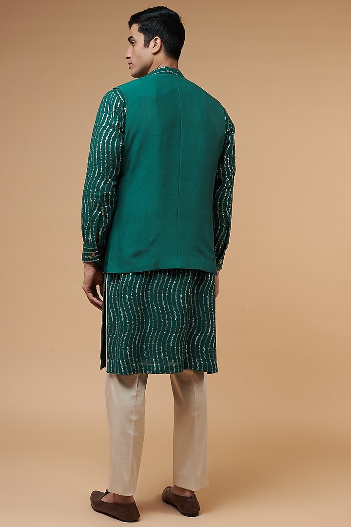 Peacock Green Dupion Silk Hand Work Bundi Jacket Set by HANEET SINGH at Pernia's Pop Up Shop