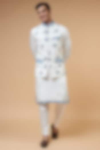White Khadi Cotton Embroidered Bundi Jacket by HANEET SINGH